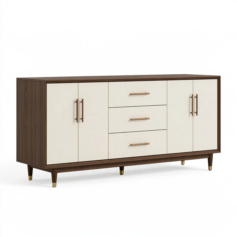 Buffet 160 x 40 x 80 cm en bois brun et crème avec 4 portes 3 tiroirs style vintage