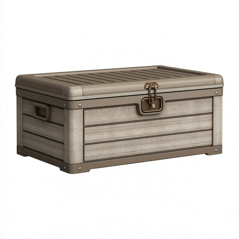 Coffre de rangement 100 x 50 x 50 cm en résine tressée gris taupe avec couvercle à loquet