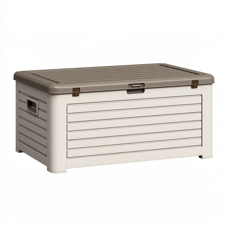 Coffre de rangement extérieur 120 x 56 x 63 cm en résine beige taupe avec couvercle