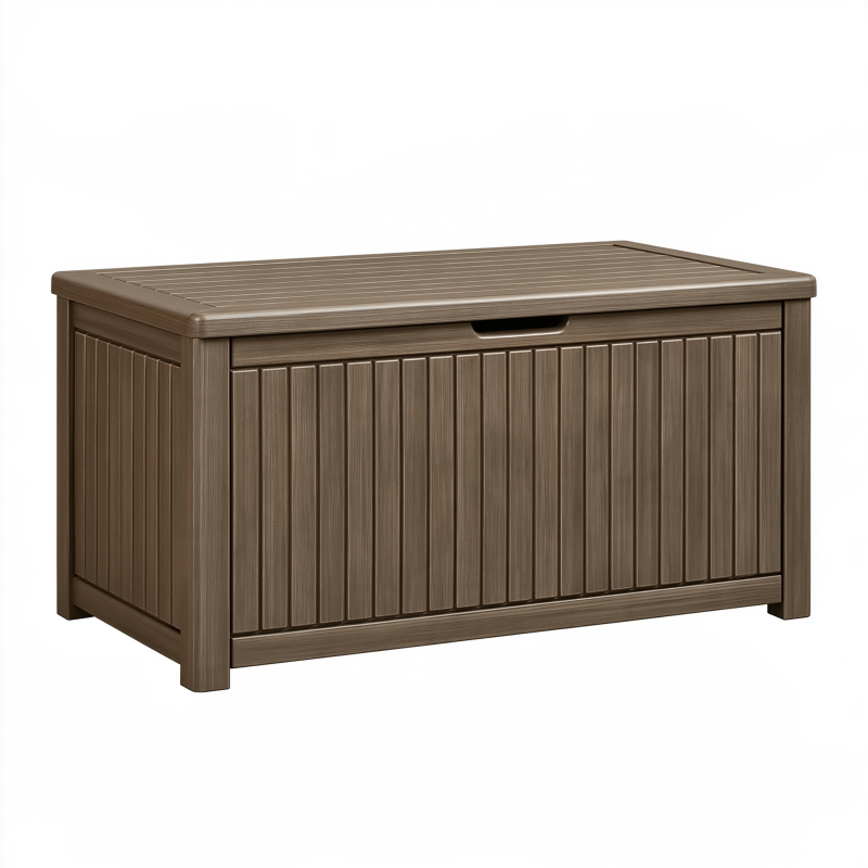 Coffre de rangement extérieur 120 x 61 x 64 cm en résine marron avec couvercle