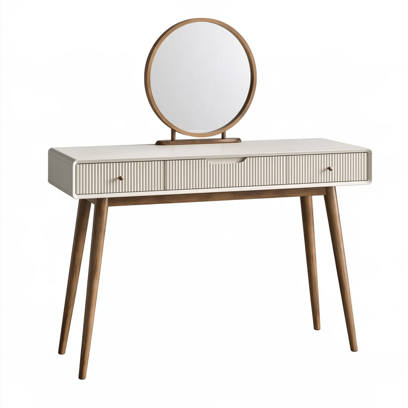 Coiffeuse 100 cm en bois marron et beige avec miroir ronde et 2 tiroirs style moderne