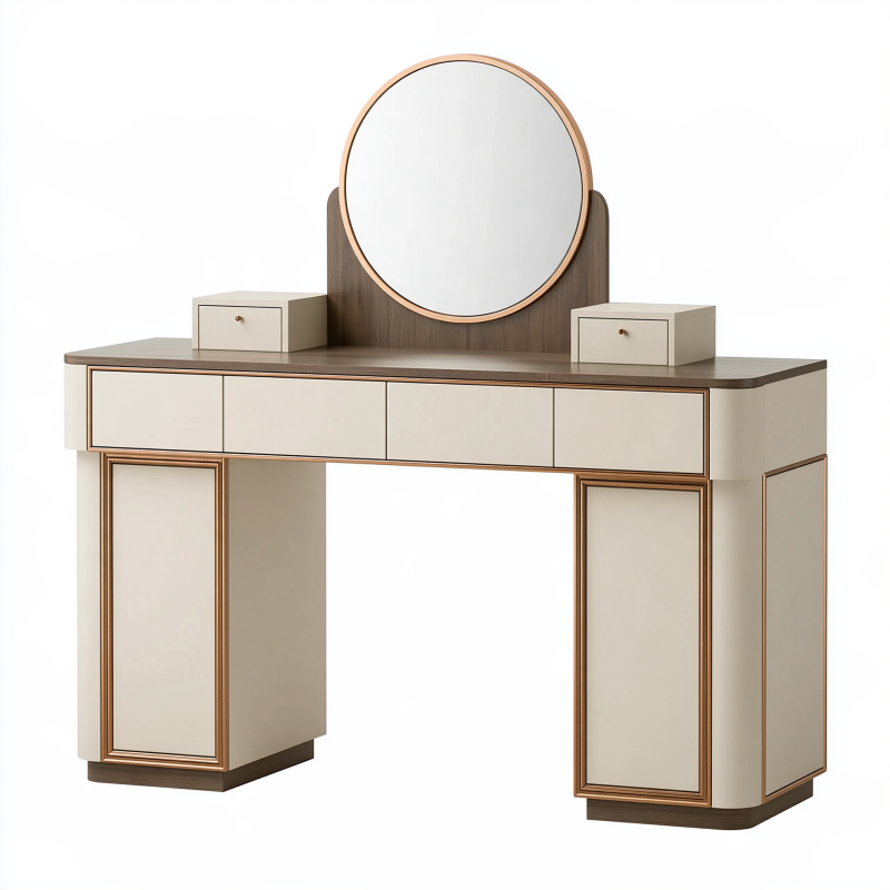 Coiffeuse 120 x 45 x 150 cm en bois beige avec miroir rond et tiroirs style contemporain