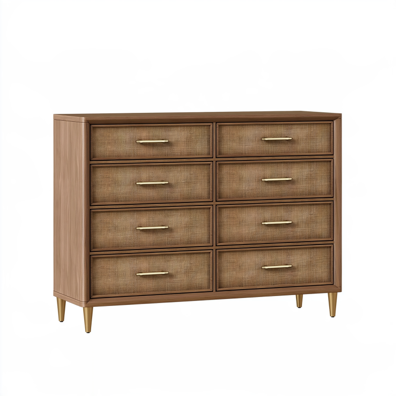 Commode 160 x 45 x 85 cm en bois marron à huit tiroirs style rétro