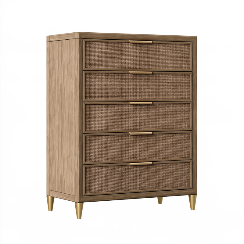 Commode 80 x 40 x 110 cm en bois marron avec tiroirs en rotin style naturel
