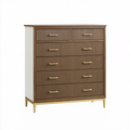 Commode 90 x 45 x 120 cm en panneaux de bois marron blanc avec pieds métalliques dorés style contemporain à 6 tiroirs