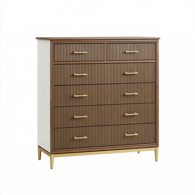 Commode 90 x 45 x 120 cm en panneaux de bois marron blanc avec pieds métalliques dorés style contemporain à 6 tiroirs