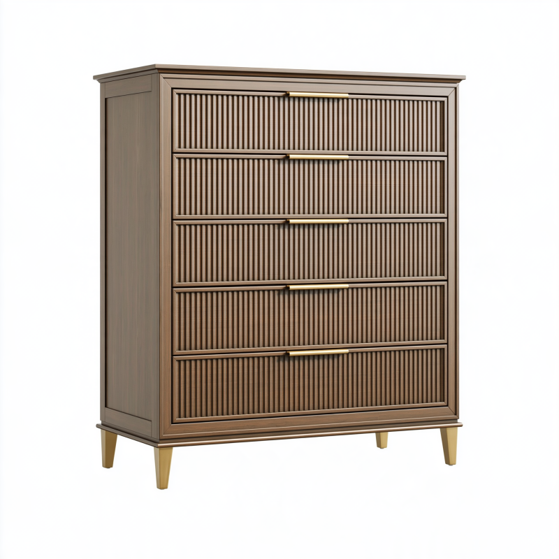 Commode 90 x 45 x 130 cm en bois marron à 5 tiroirs striés style contemporain