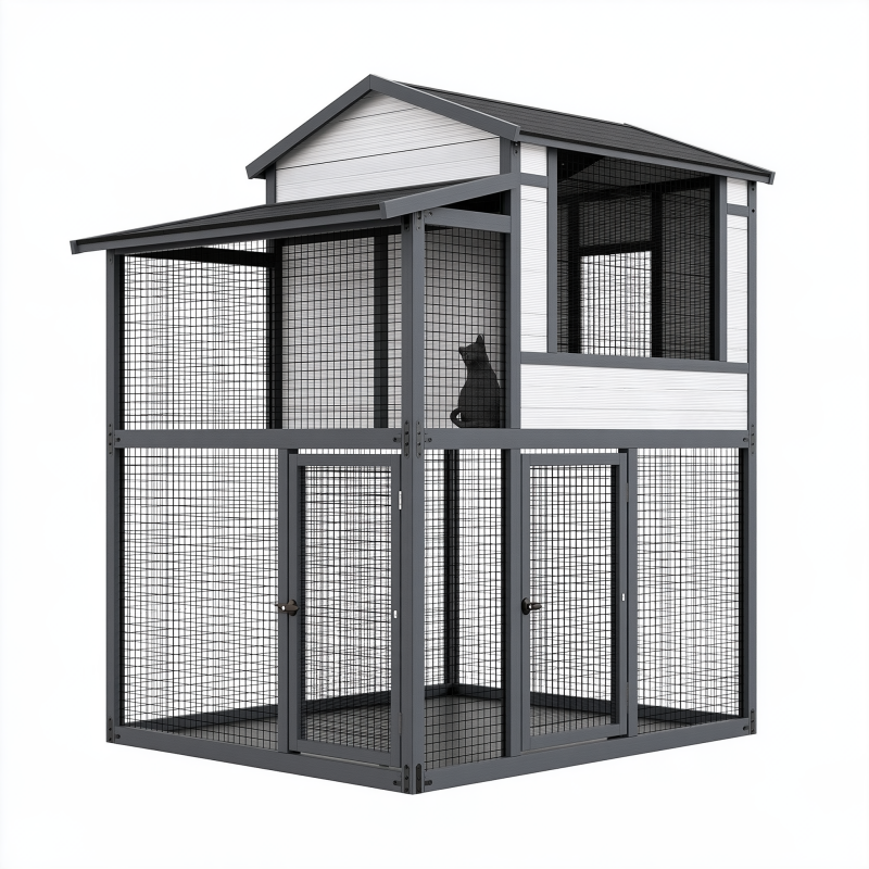 Enclos extérieur pour chat 180 x 120 x 210 cm en acier noir et blanc avec toit abrité