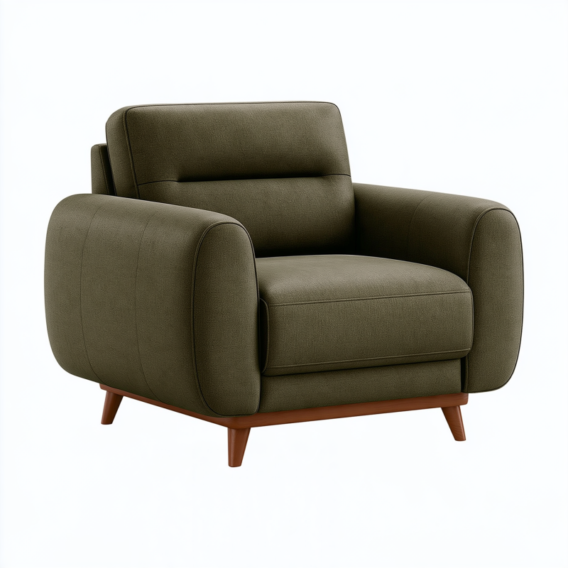 Fauteuil 100 cm en tissu vert olive avec piètement en bois style contemporain
