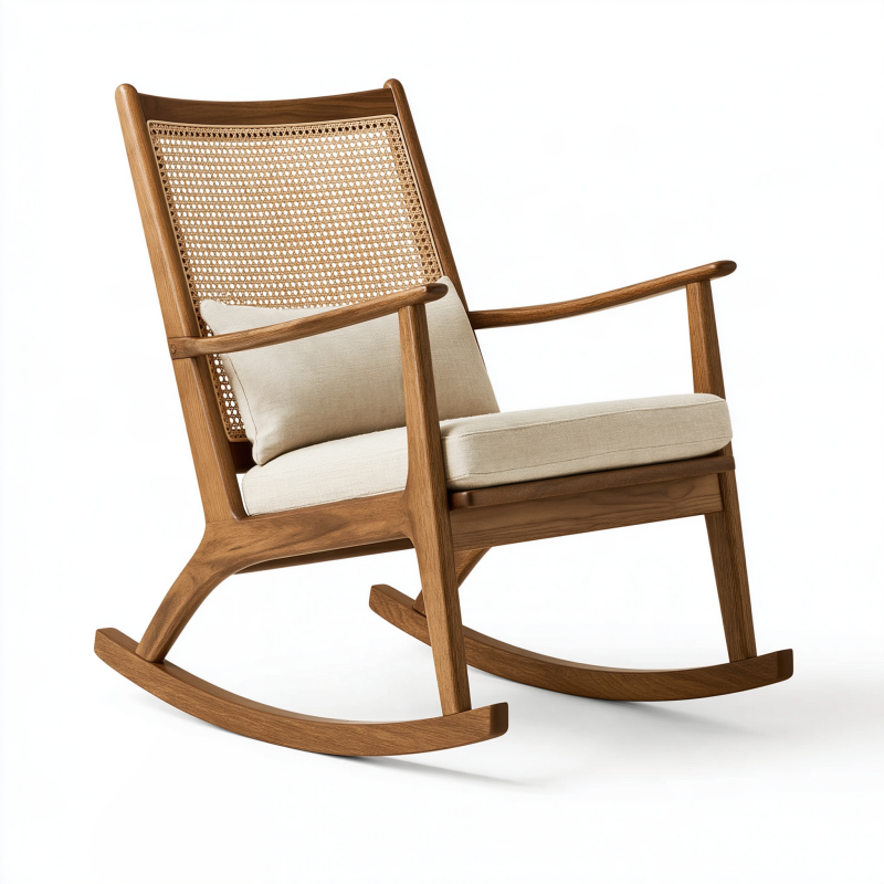 Fauteuil à bascule 68 x 95 x 100 cm en bois brun avec cannage et assise beige