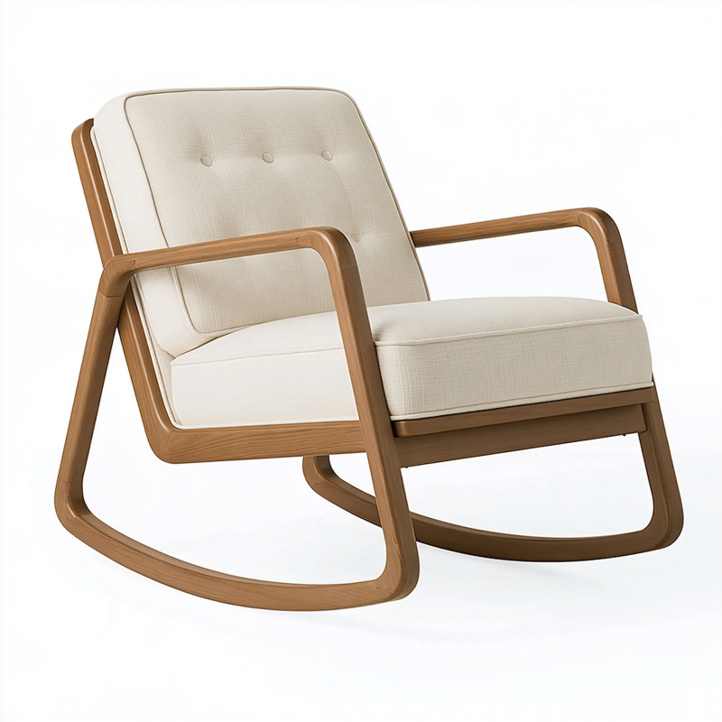 Fauteuil à bascule 90 x 70 x 98 cm en bois et tissu beige avec accoudoirs