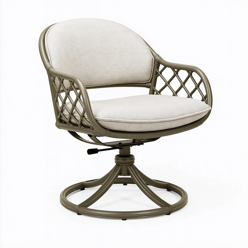 Fauteuil pivotant 75 x 78 x 90 cm en métal vert olive avec assise rembourrée style jardin